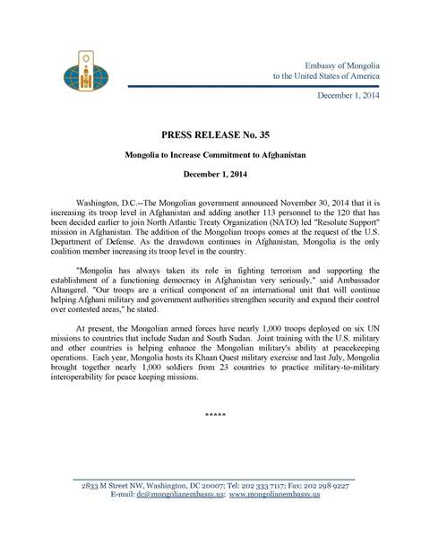 Press Release No.35 - Mongolia to Increase Commitment to Afghanistan
